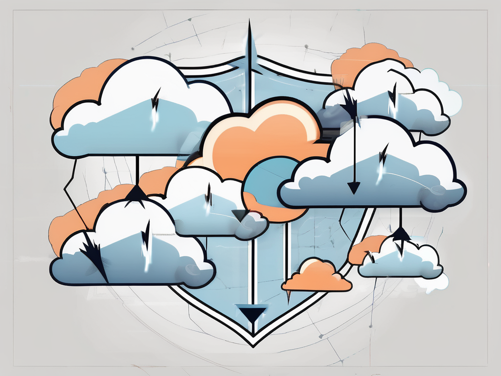 Cloud services symbolized by various sized clouds connected by lightning bolts