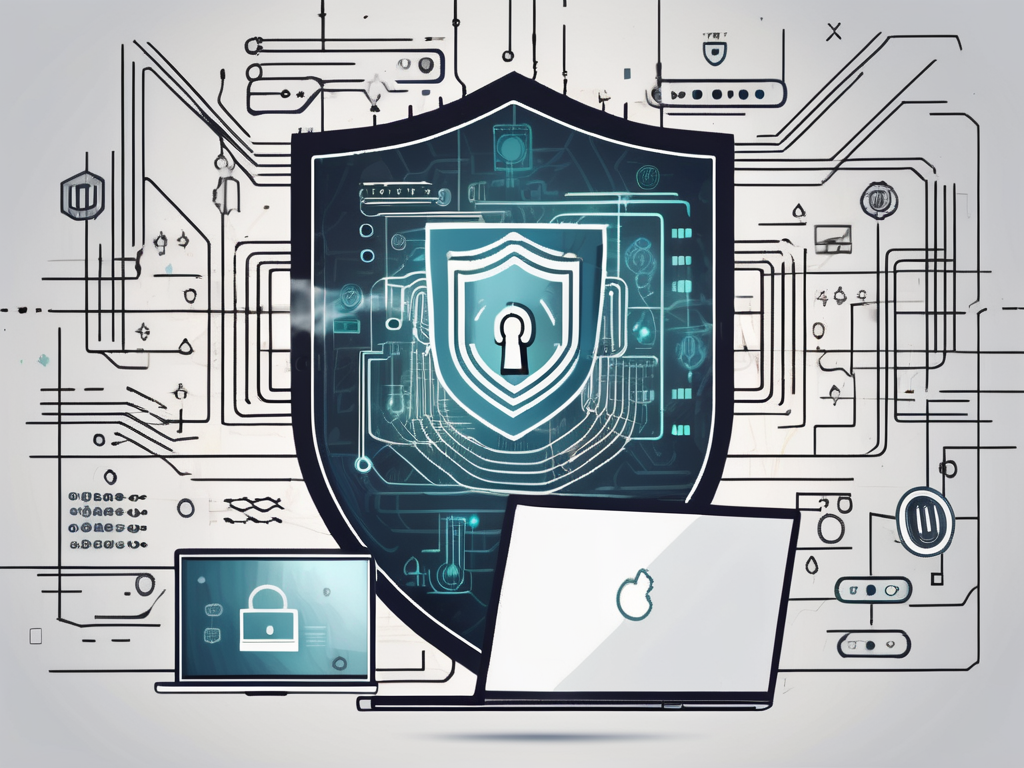 A computer with a shield symbol on the screen