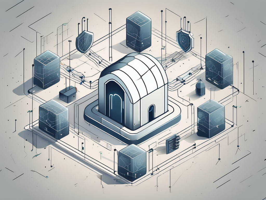 A secure digital fortress surrounded by various protective elements like firewalls